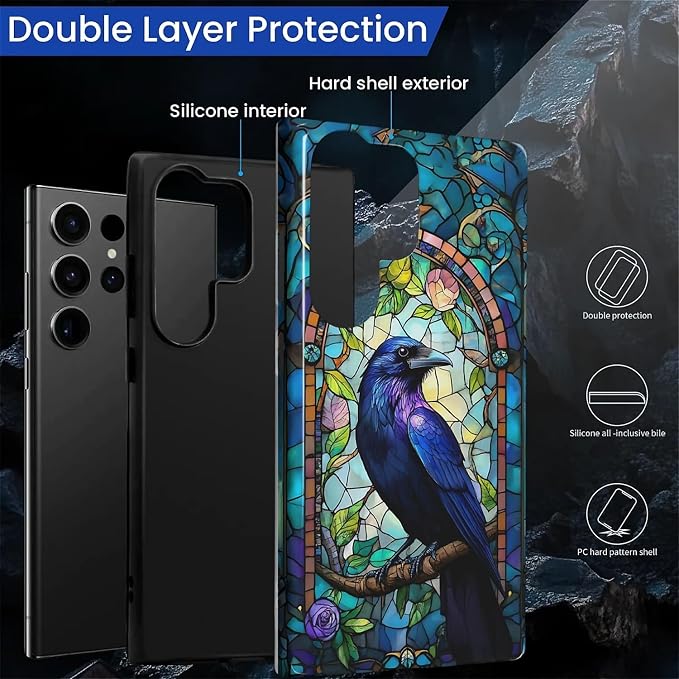 for Samsung Galaxy S24 Ultra Case, Crow Faux Stained Glass Pattern Glossy 2 in - Image 3