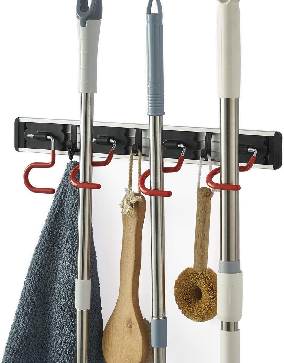 QBOSO Wall Mounted Mop and Broom Holder Stainless Steel S Type Broom Rack Anti-Slip Mop Organizer (17 Inches,4 Positions 3 Hooks, Red black) (17inch)