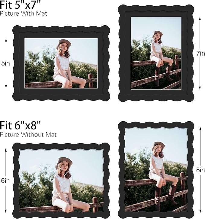 6x8 Picture Frame with Mat for 5x7, Wavy Edge Wooden Real Glass Photo Frame for - Image 3