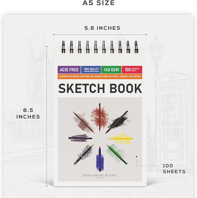 BEECHMORE BOOKS 5.6"x8.5" Spiral Sketchbook – 140 GSM Acid-Free Paper, 100 - Image 4