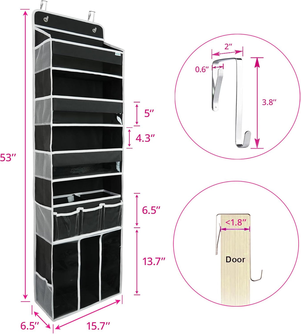 Door Hanging Storage Organizer,with 3 Bins 1 Movable Baby Diaper Caddy,1 Large capacity diaper stacking storage Organizer,10 Side Pockets ,Bedroom Door Storage for Nursery Baby Essentials. (Dark grey)
