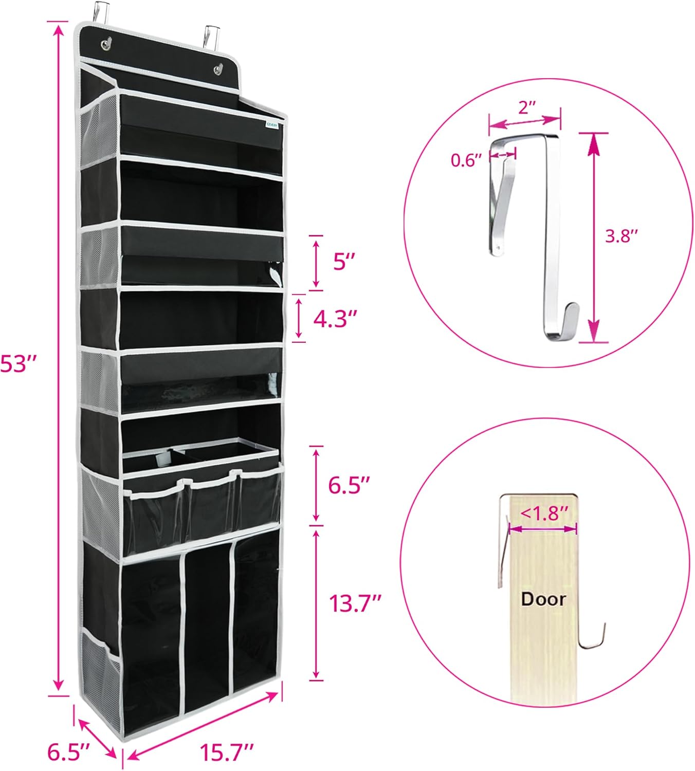 Door Hanging Storage Organizer,with 3 Bins 1 Movable Baby Diaper Caddy,1 Large capacity diaper stacking storage Organizer,10 Side Pockets ,Bedroom Door Storage for Nursery Baby Essentials. (Dark grey)