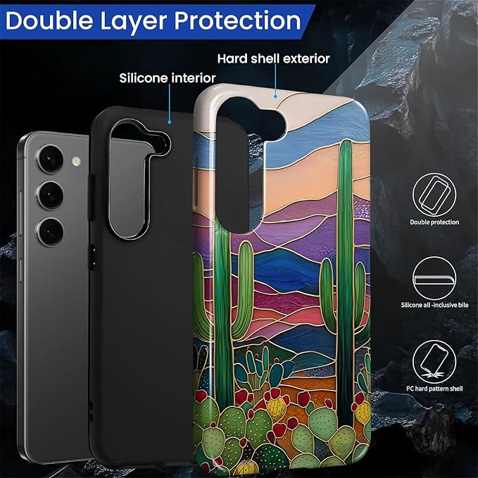 for Samsung Galaxy S23 Plus Case, Stained Glass Cactus Pattern Glossy 2 in 1 - Image 3