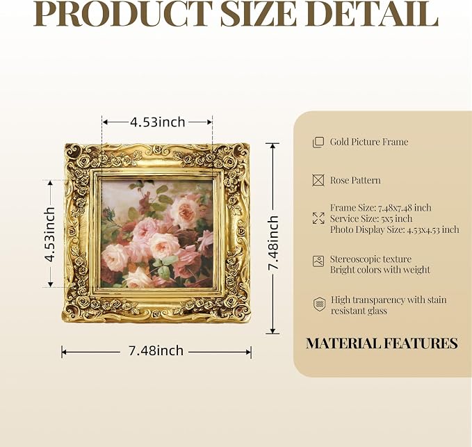 5x5 Gold Picture Frame Square, Vintage Ornate Floral Decorative Photo Frame | - Image 5