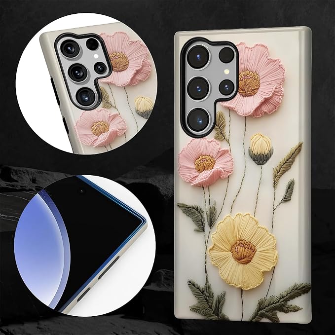 Case for Samsung Galaxy S23 Ultra Case, Faux Embroidery Boho Floral Design - Image 2