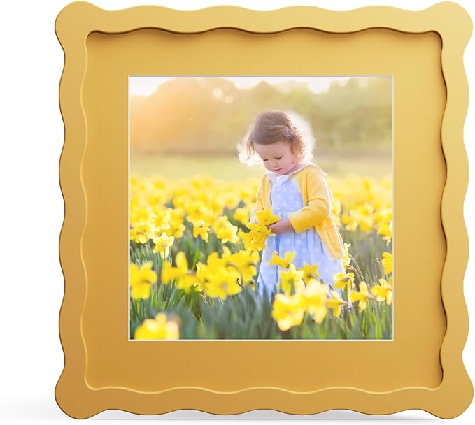 8x8 Picture Frame with Mat for 6x6, Wavy Edge Wooden Real Glass Photo Frame for by THKRLOF
