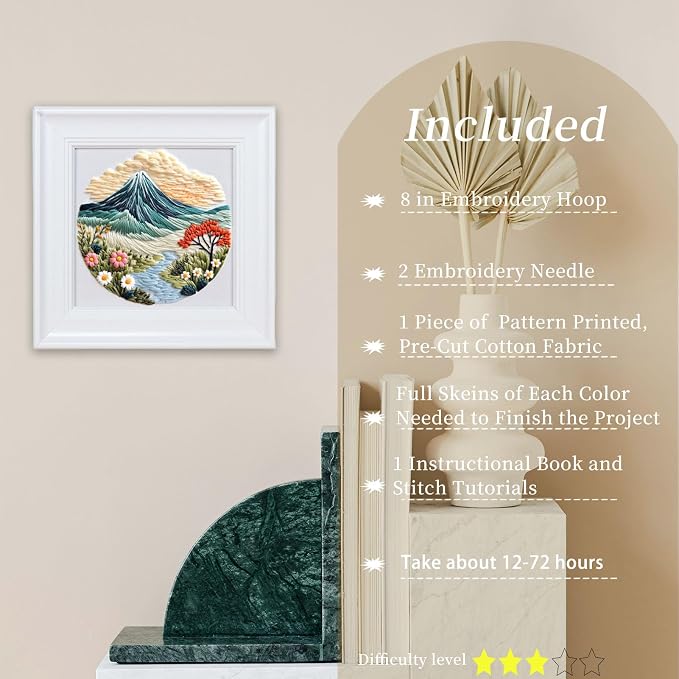 FONNUY Embroidery Kit for Beginners, Flower Hill Nature Landscape Pre-Stamped - Image 2
