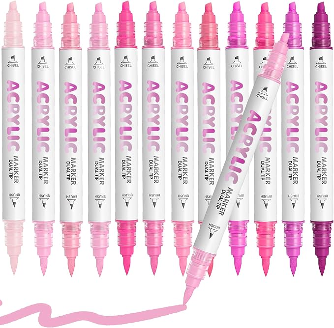 Pink Acrylic Paint Pens, Water Based 12 Colors Dual Tip Acrylic Paint Markers by DIYChristmasGiftSupplies