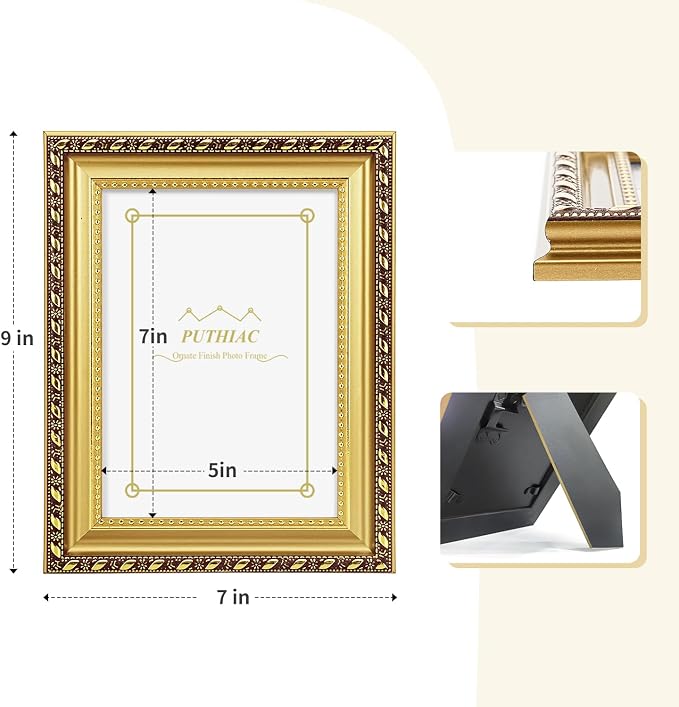 puthiac 5x7 Gold Picture Frame Set of 3, Vintage Ornate Decorative Photo Frames - Image 3