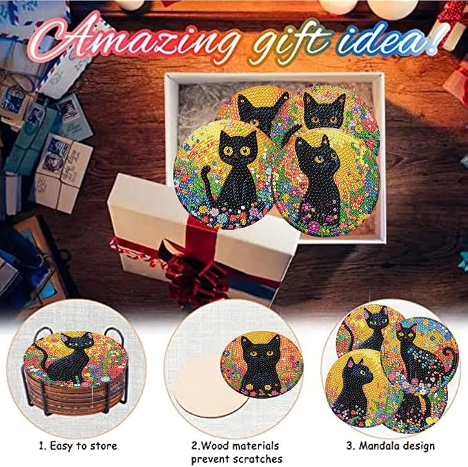 8 Pack Black Cat Diamond Art Coasters Kit for - Image 7