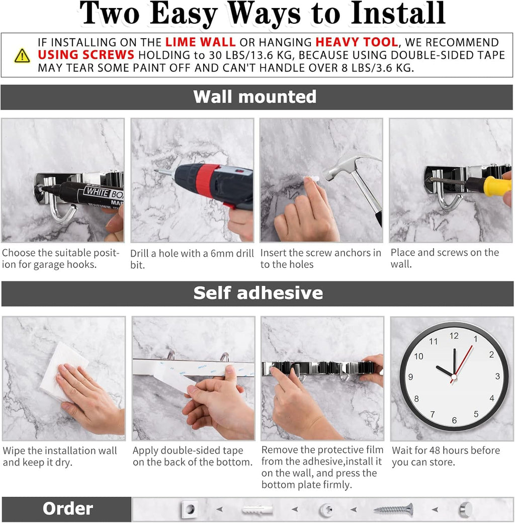 2 Pack 3 Racks and 4 Hooks Broom and Mop Holder Wall Mounted Garage Organizer Storage Tool Racks Stainless Steel Heavy Duty Hooks Self Adhesive Solid Non-slip Wall Hangers for Home Kitchen Garden