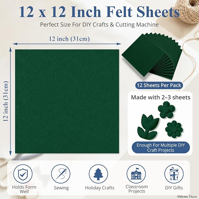 12"x12" Felt Sheets for Crafts, 2mm Stiff Felt Fabric 12 Pcs, Hunter Green | - Image 3