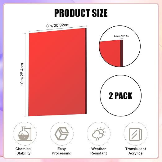 Lesnlok Red Acrylic Sheets 1/8 inch Thick 3mm 2 Pack 8 x 10 Clear Plexiglass - Image 2