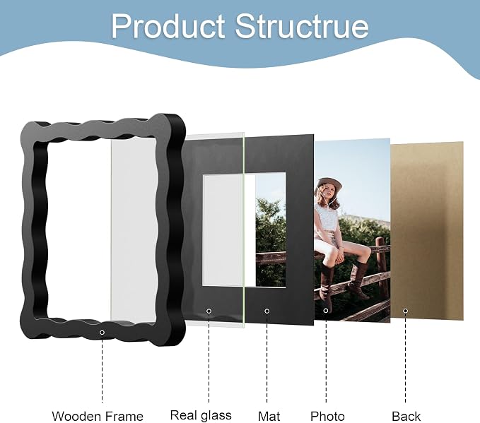 6x6 Picture Frame with Mat for 4x4, Wavy Edge Wooden Real Glass Photo Frame for - Image 5