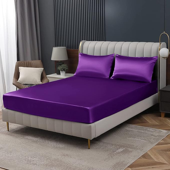 Homiest Purple Satin Fitted Twin XL Size Bed Sheet, Deep Pocket, Luxury & Ultra by Homiest