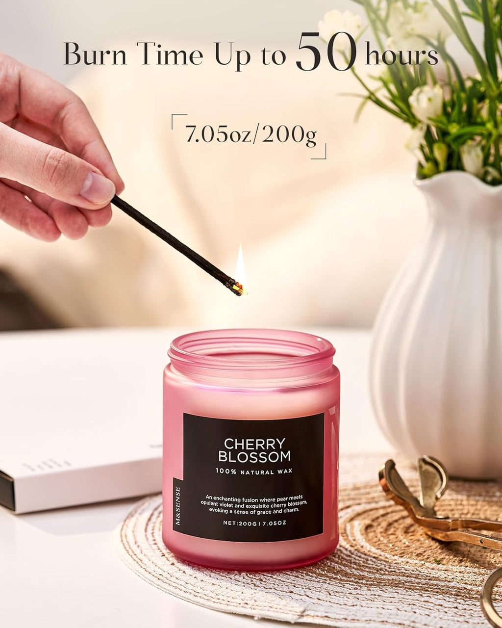 M&SENSE Cherry Blossom Scented Spring Candle, Best Smelling Stress Relief Aromatherapy Candle, 50 Hours 7.05oz Natural Soy Wax Romantic Candle Gifts for Women & Home Decor
