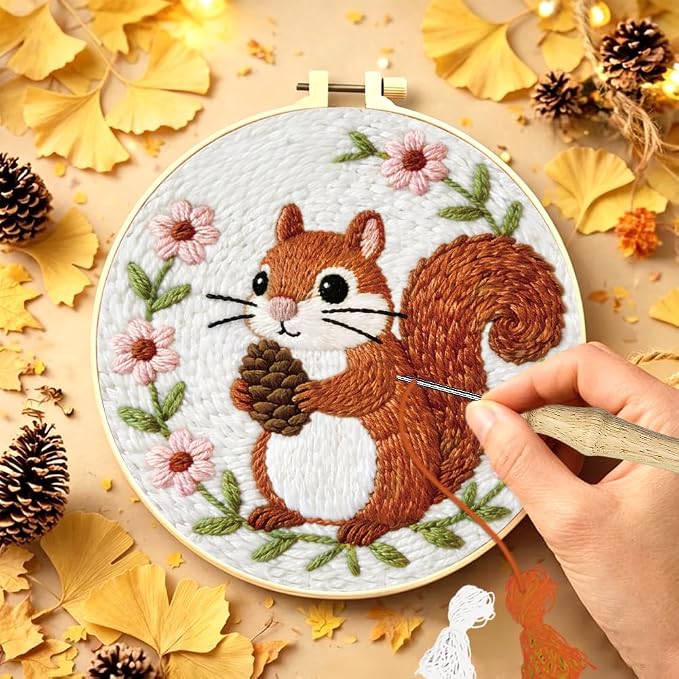 INFUNLY Squirrel Punch Needle Embroidery Kit 8.7 Inch Round Punch Needle Craft - Image 4