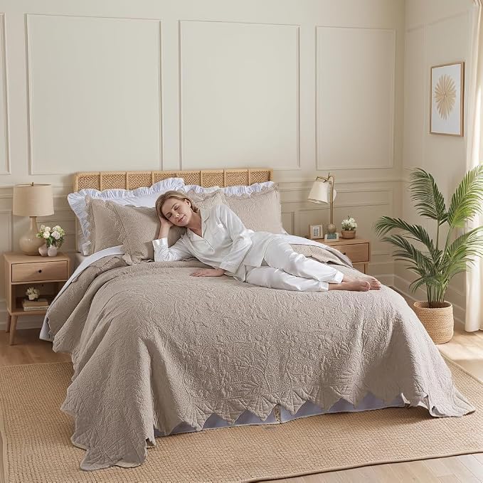 Brandream Khaki Cotton Quilt Set King Size Vintage Cottage Floral Vine Bedding - Image 3