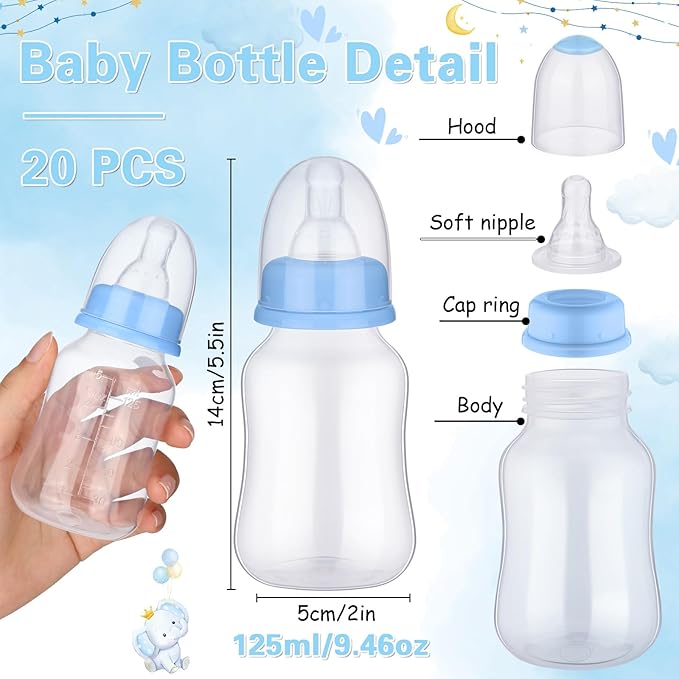 TrelaCo Bottle Chug Baby Shower Game 20 Pcs Baby Bottles Shower Favor with 1 Elephant Theme Sign for Gender Reveal Party Supplies Gifts(Blue)