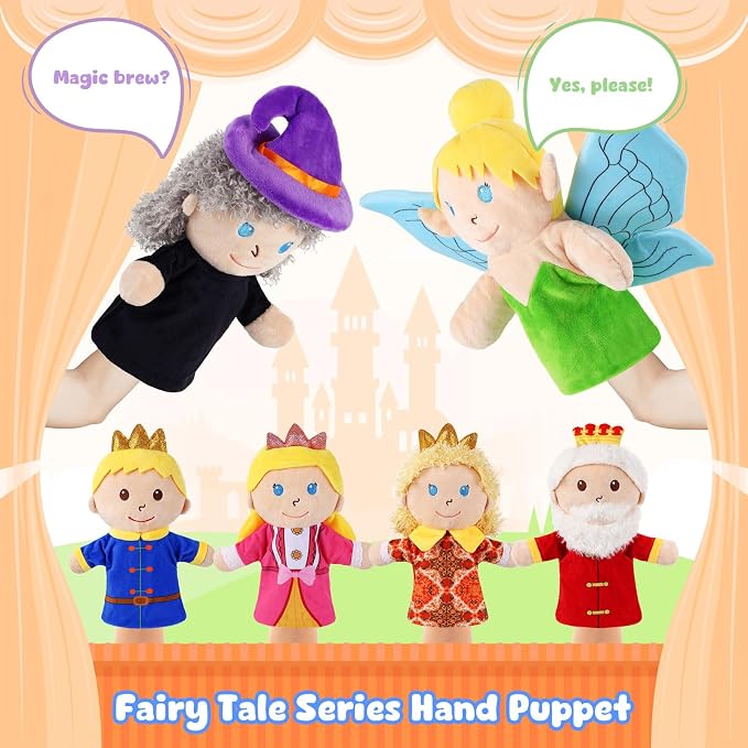 6 Pcs Castle Hand Puppets Fairy Tales Queen & King, Princess & Prince, Elf & - Image 2