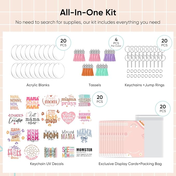 YOPPIX 140 PCS Acrylic Keychain Blank Set, Mama Double-Sided UV DTF Stickers - Image 3