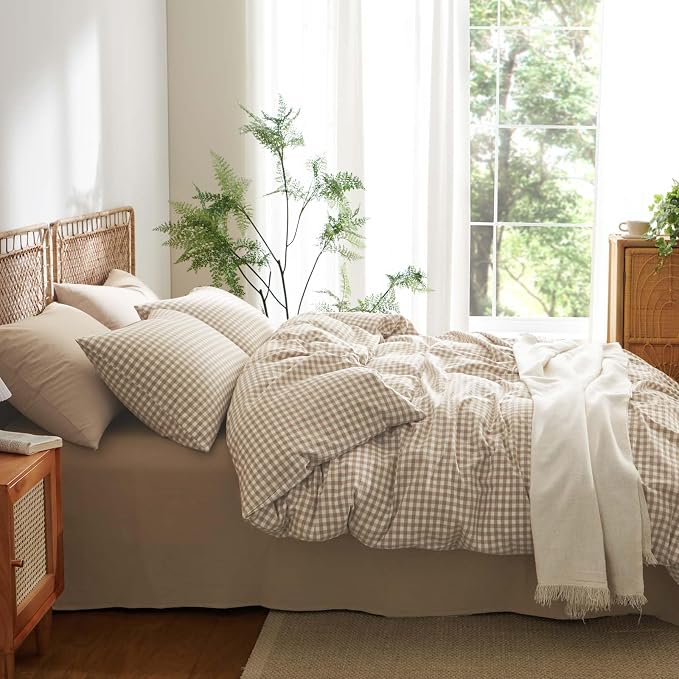Nayoroom Gingham Duvet Cover Full Size 100% Washed Cotton Brown Tan Plaid - Image 4