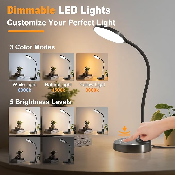 15W LED Desk Lamp with USB Charging Ports, Dimmable Table Lamp with 3 Color - Image 2