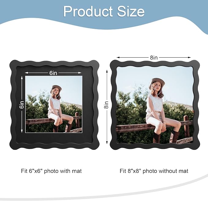 8x8 Picture Frame with Mat for 6x6, Wavy Edge Wooden Real Glass Photo Frame for - Image 3
