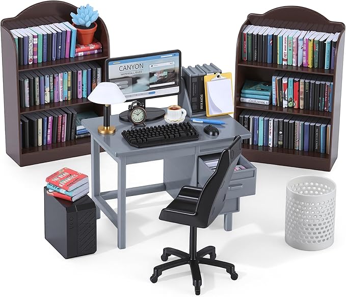 1:12 Scale Mini Desk Set with 100 Mini Books & 2 Bookshelves — Miniature by Unknown