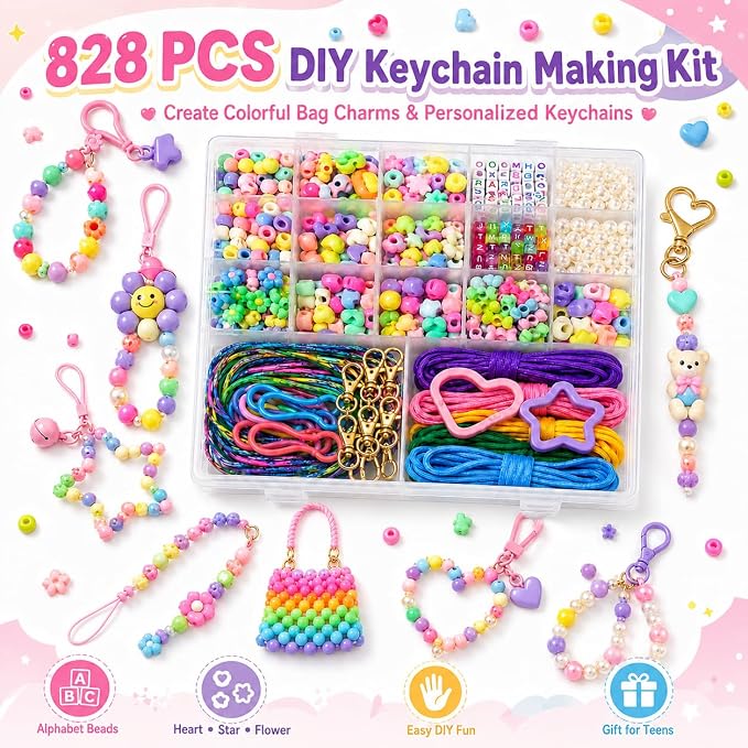 828Pcs DIY Beaded Keychain Making Kit, Bag Charm Making Kit | A-Z Alphabet Beads - Image 2