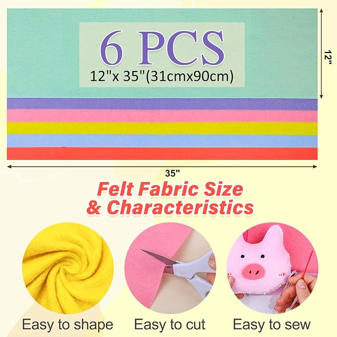 XSEINO 6 Rolls 12"x35" Large Felt Sheets, 1.4mm Thick Nonwoven Fabric - Image 2