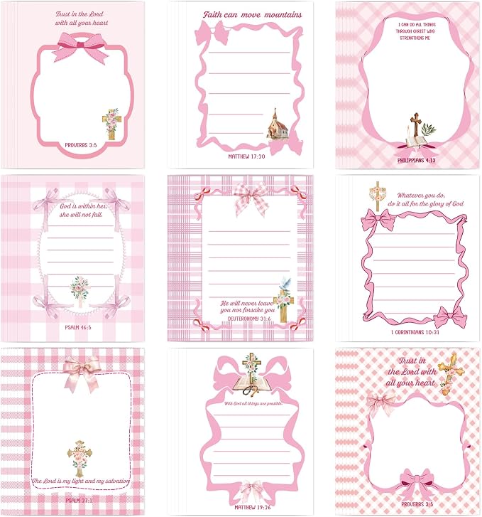 Pink Bow Sticky Notes Gifts, 9 Pack Pink Bow Christian Natepads 3x4 Inch by Lovarywow