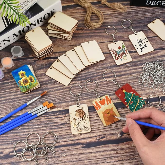 50Pcs Blank Rectangle Wooden Keychain Set, Unfinished Wood Slices - Image 3