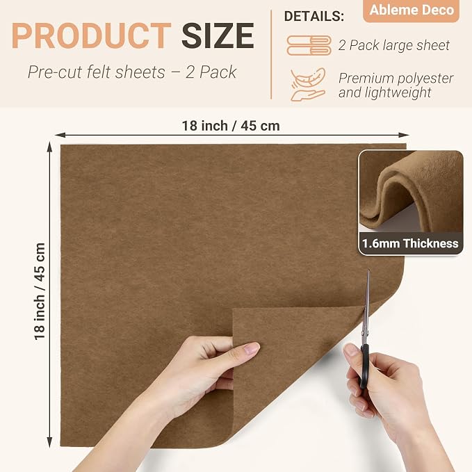 Felt Fabric Sheets 18" x 18" 1.6mm Soft Craft Felt, Light Brown | Soft Precut - Image 2