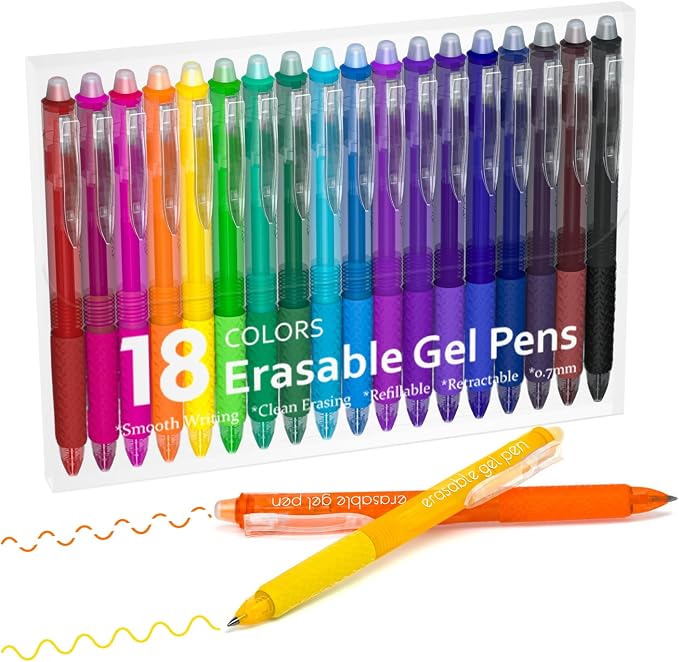 Lineon Erasable Gel Pens, 18 Colors Retractable Fine Point Erasable Pens Clicker by ShuttleArt