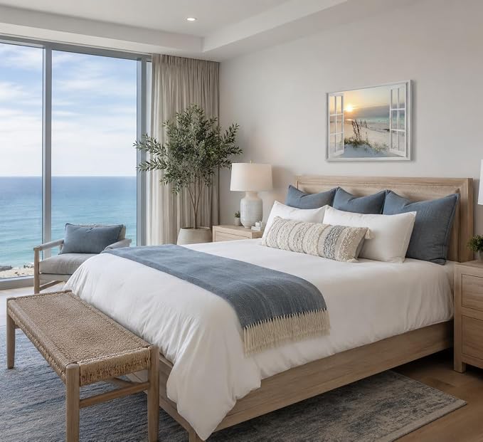 LRTNMTJ Beach Window Sunset Canvas Wall Art Fake Window Ocean Coastal Wall - Image 6