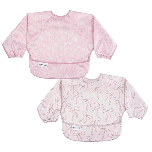 Tiny Twinkle Long Sleeve Bib for Babies & Toddlers – 2 Pack Waterproof Smock Bibs for Eating – Machine Washable & Mess-Proof, Baby Feeding Essential & Shower Must-Have (Toile,Bows, 6-24M)