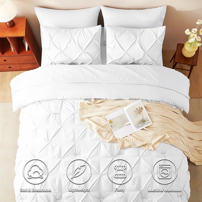 CozyLux Full Size Comforter Sets White, 7 Pieces Pintuck Bed in A Bag White - Image 2