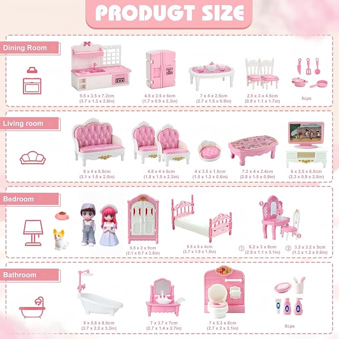 Princess Dollhouse Furniture Set, 48 Piece Luxury Miniature Accessories - Image 2