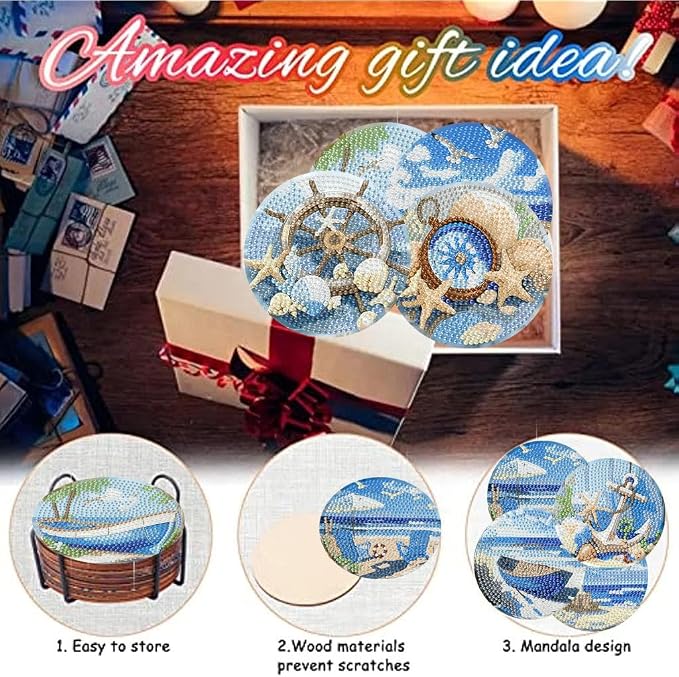 8 Pack Beach Diamond Art Coasters, Seaside Diamond Painting Coasters Kits | - Image 7