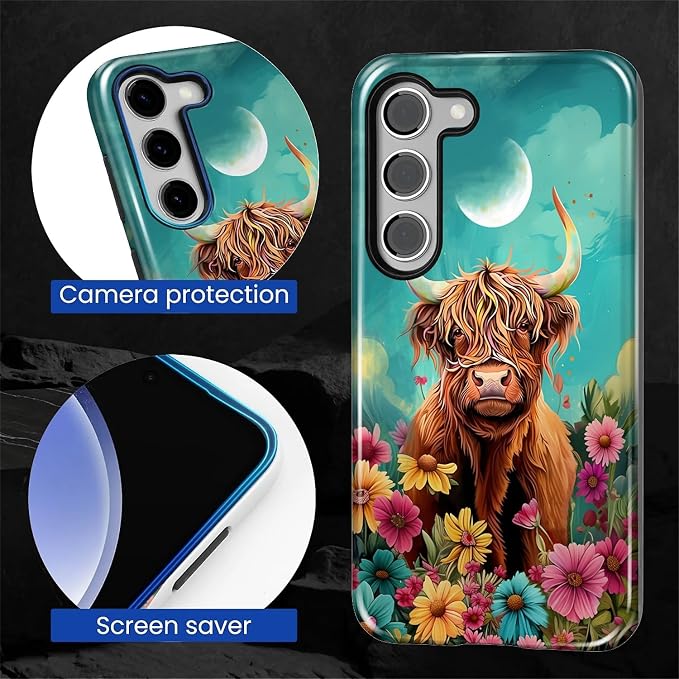 for Samsung Galaxy S23 Plus Case, Highland Cow Flower Pattern Glossy 2 in 1 - Image 6