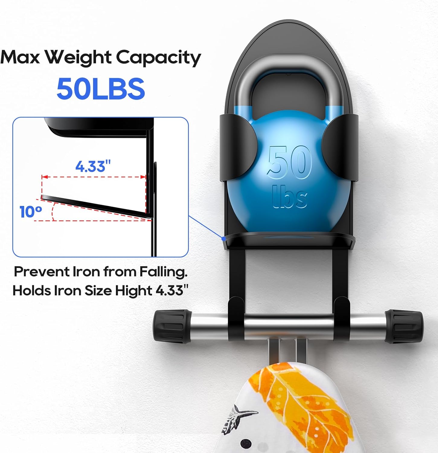 ORLESS Metal Large Ironing Board Holder Wall Mount, Ironing Board Hanger, Iron Board Holder, Iron Board Hook Wall Mount, for Laundry Rooms (Black)