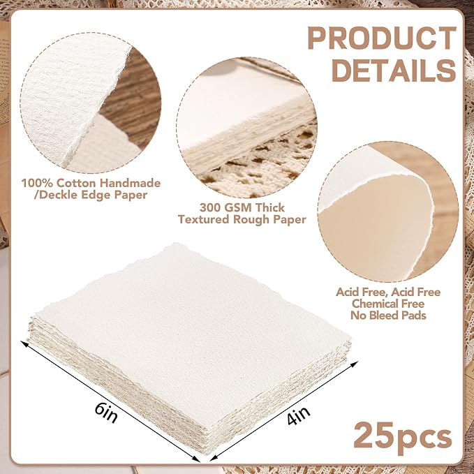Prudiut 25 Sheets Cotton Watercolor Paper, 300 GSM, 4 x 6 inch, Deckled Edge - Image 2