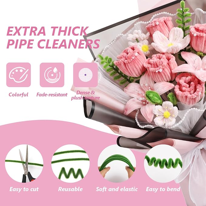 Cwczhi 600 PCS Pipe Cleaners Craft, 9 Colors Pipe Cleaner Bulk Flower Kit | - Image 3