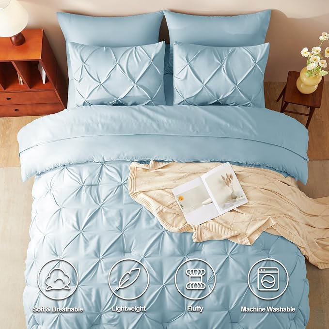 HIMEET Pintuck Bed in a Bag, 5 Pieces Twin XL Comforter Set Light Blue - Image 2