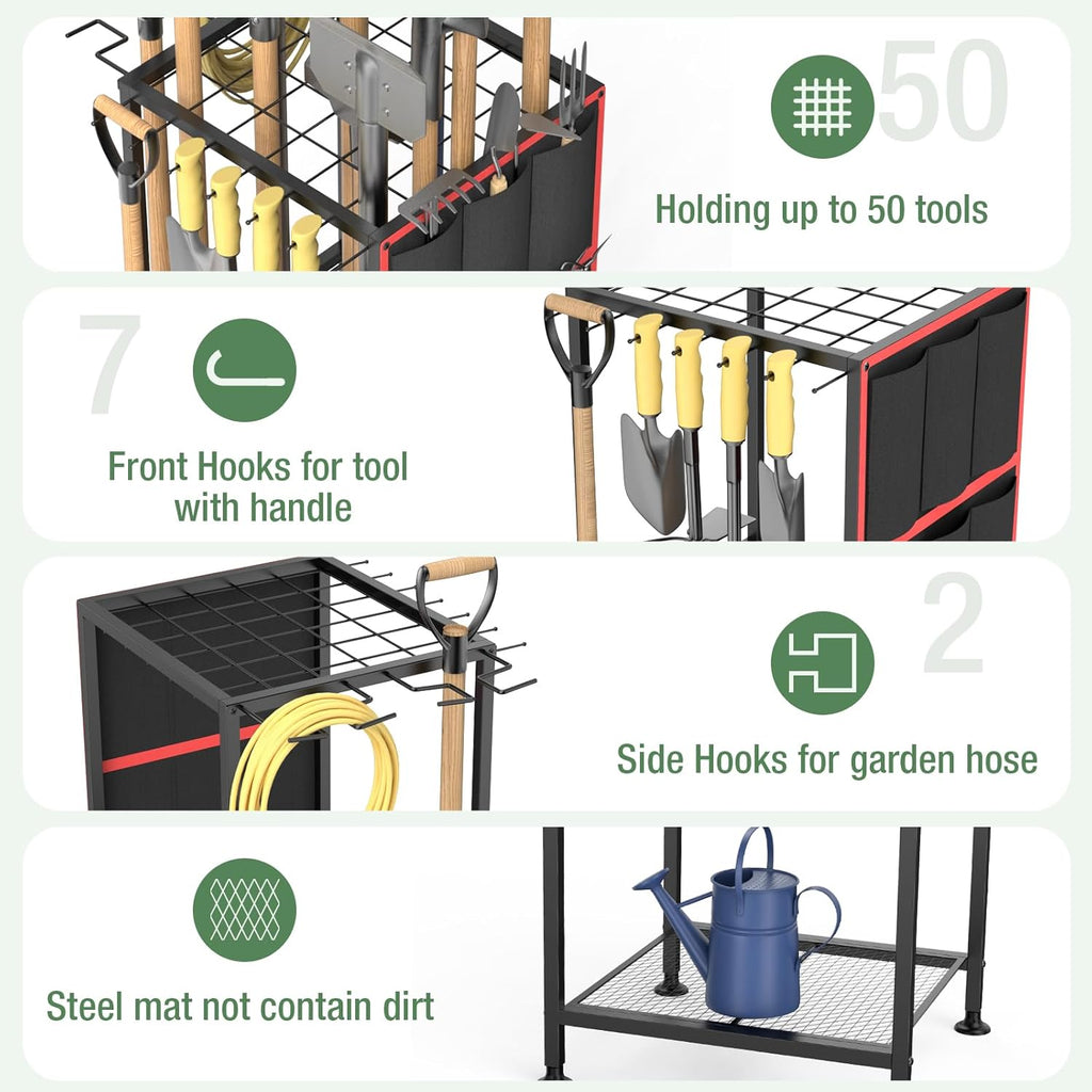 Garden Tool Organizer,Metal Yard Tool Organizer,Holds 50 Long-Handled Tools/Rakes/Brooms,Side Garden Pocket,Heavy Duty Steel Yard Tool Storage Rack for Garage,Shed, Outdoor