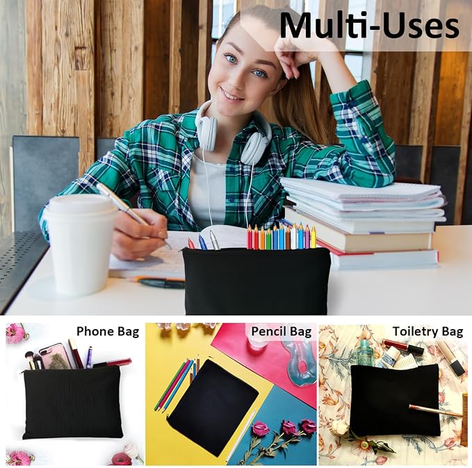 Koolmox Black Canvas Pouches Blank, 8x5 inch Plain Pencil Bag - Image 6