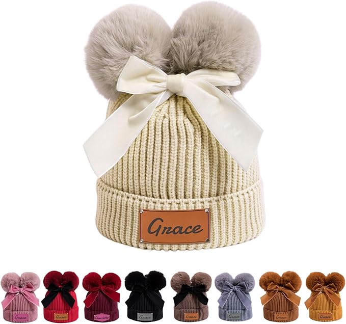 Personalized Toddler Beanie Hat with Bow - Custom Winter Pom Pom Beanies - Leater Patch Baby Warm Knit Hats