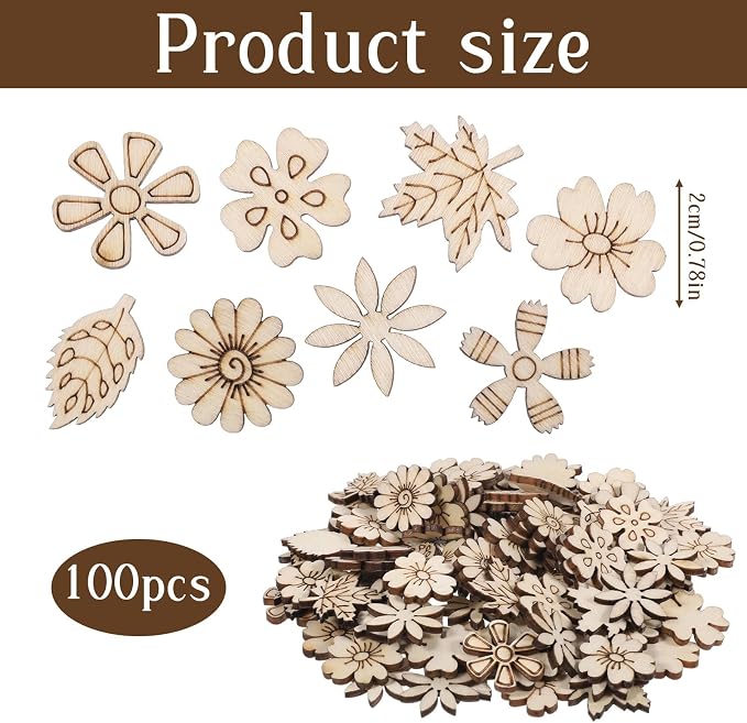 100 PCS Unfinished Wood Flowers Wood Slice Leaf Pattern Cutouts Mini Wooden - Image 2