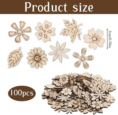 100 PCS Unfinished Wood Flowers Wood Slice Leaf Pattern Cutouts Mini Wooden - Image 2